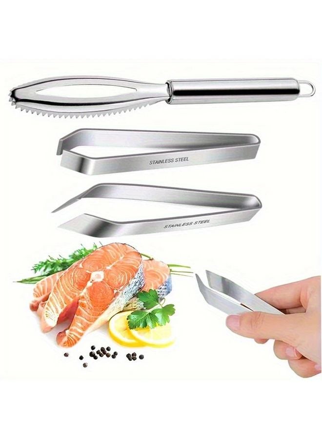 3 Piece Stainless Steel Fish Scaler Set With Tweezers And Serrated Edge - Image 2
